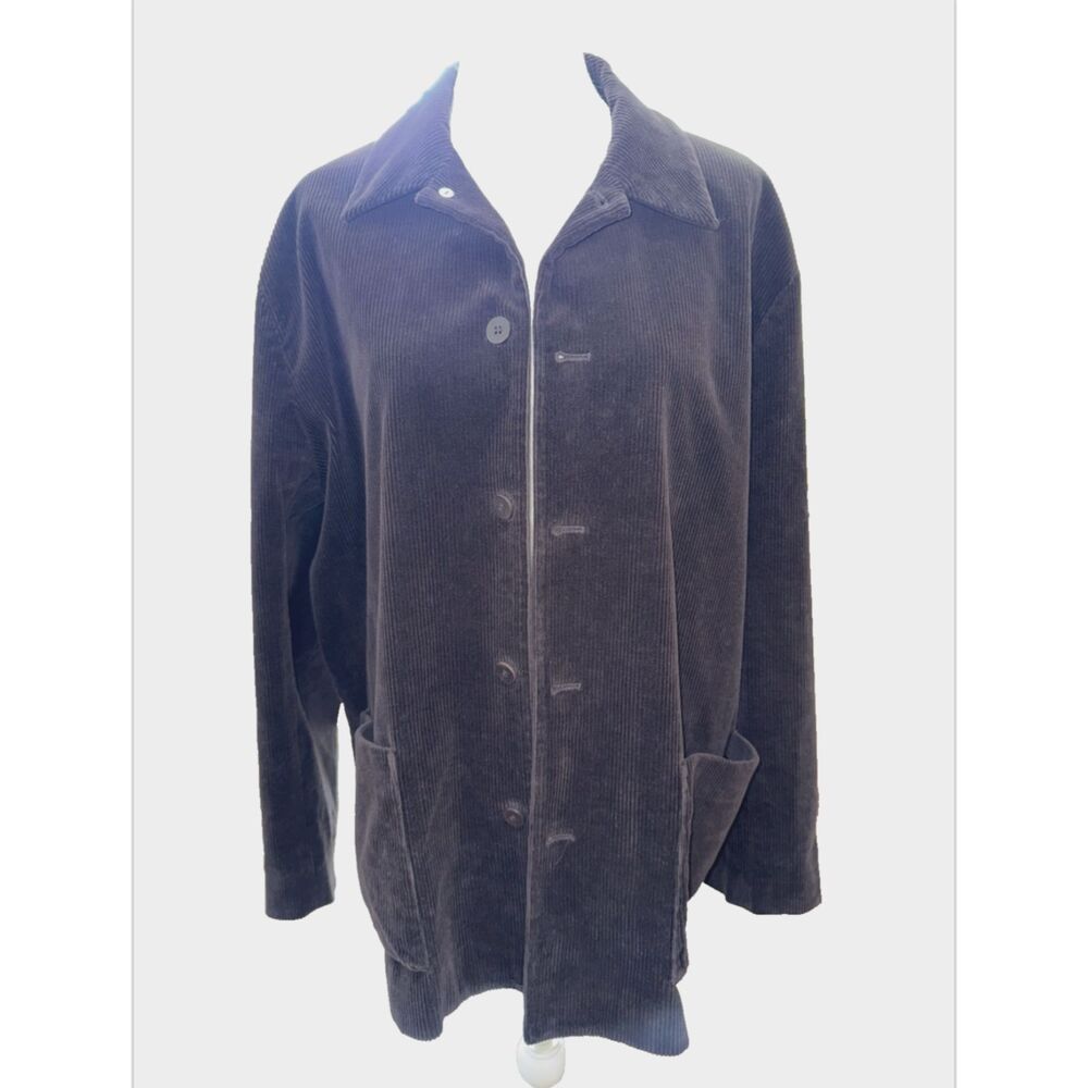 Eileen Fisher L Brown Wide Wale Corduroy Button Jacket Boxy Fit Rayon Lined Coat